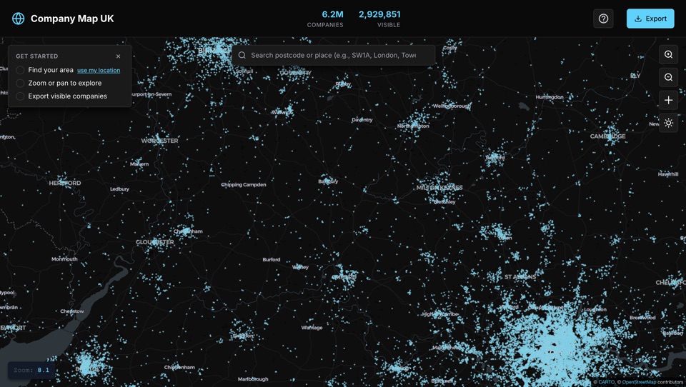 Company Map zoomed in, showing dense business clusters and town names across a region of England