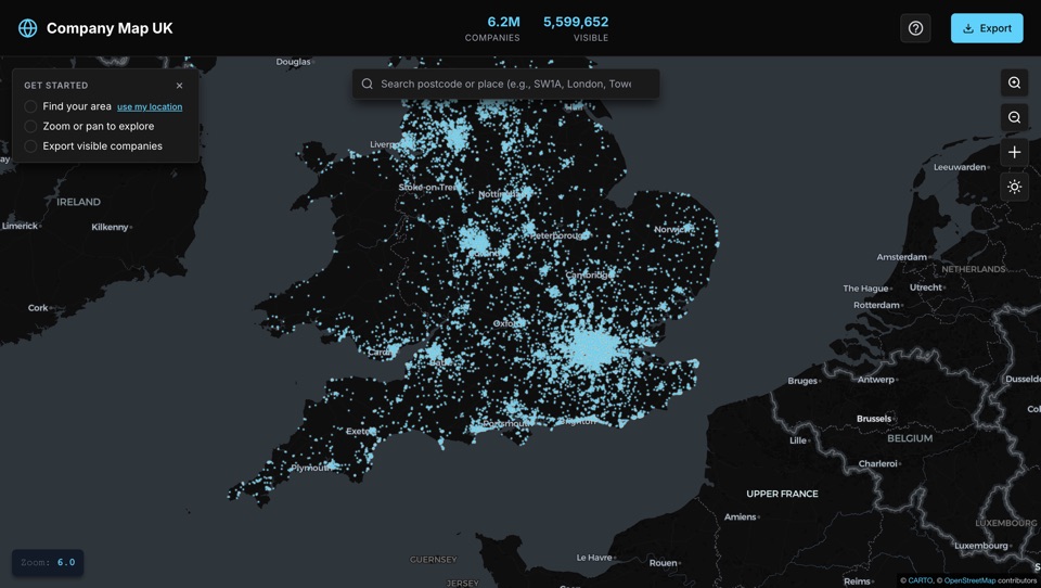 Company Map showing every UK company plotted across the whole country