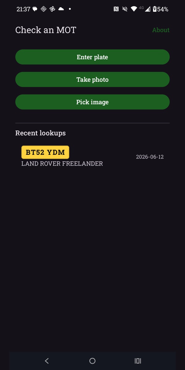 MOT Plate home screen on Android