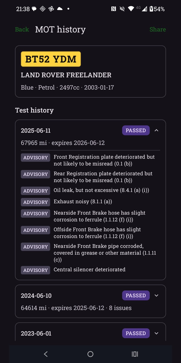 MOT Plate on Android showing a vehicle's full DVSA MOT history