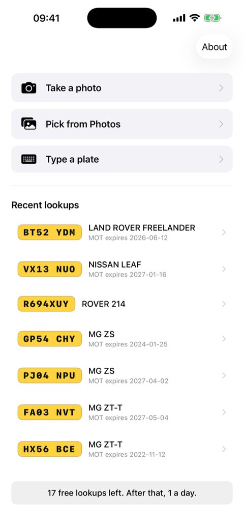 MOT Plate home screen